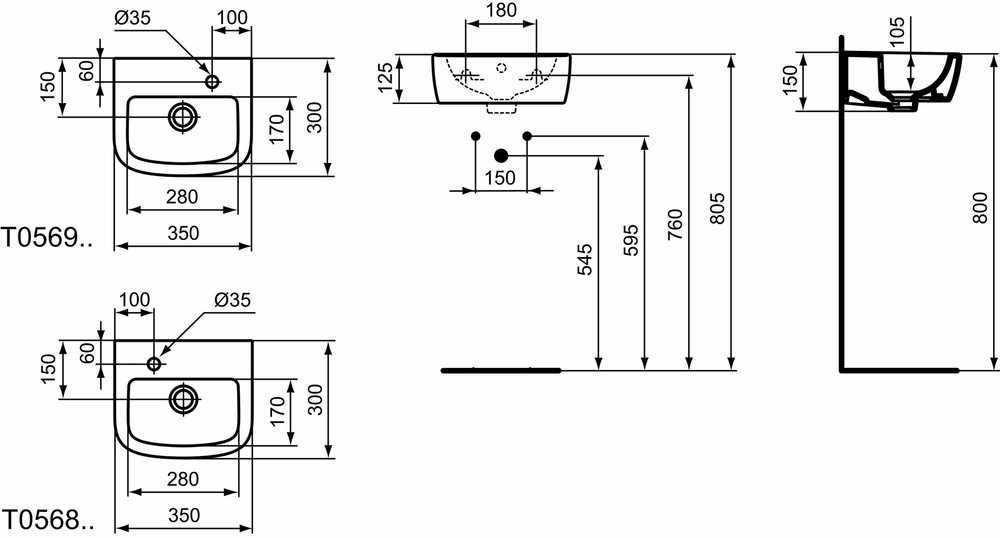 Ideal Standard TEMPO Rankų plovimo praustuvas 37 cm, čiaupo anga kairėje pusėje