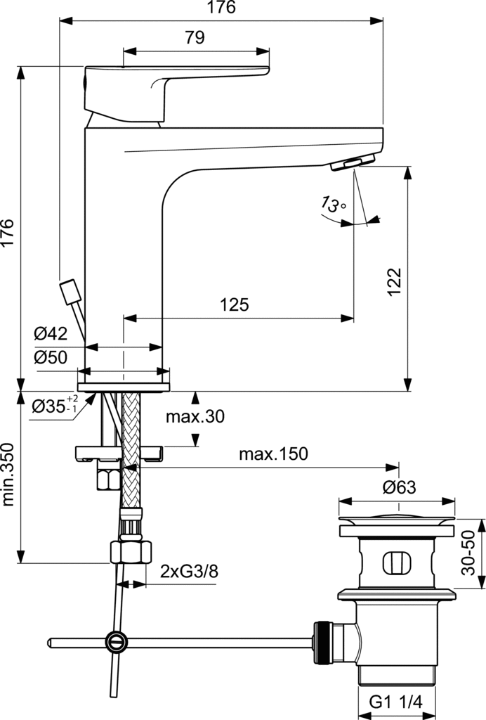 Praustuvo maišytuvas Ideal Standard Cerafine O, H120 su dugno vožtuvu, Silk Juodas juodas matinis