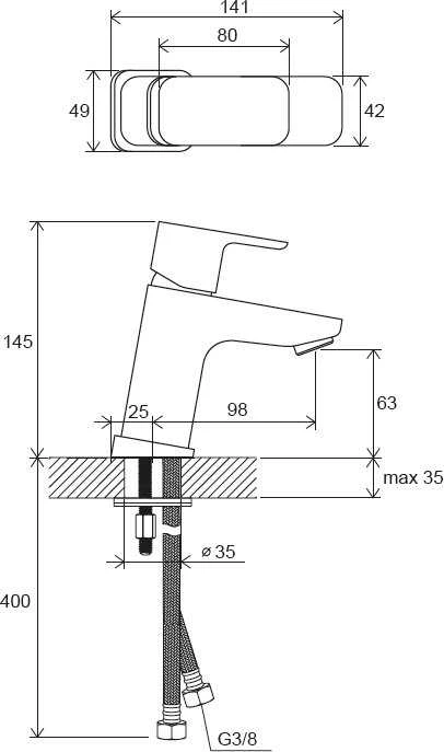 Praustuvo maišytuvas Ravak 10° Free, TD F 015.20 333 mm, be dugno vožtuvo, juodas
