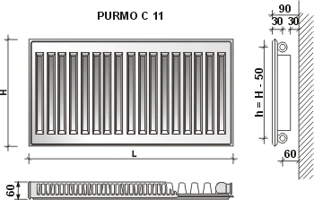 Radiatorius Purmo Compact C 11, 600-1000, pajungimas šone