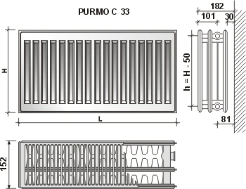 Radiatorius Purmo Compact C 33, 900-1200, pajungimas šone