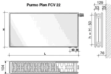 Radiatorius PURMO FCV 22, 600-1600, pajungimas apačioje