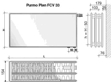 Radiatorius PURMO FCV 33, 300-2300, pajungimas apačioje