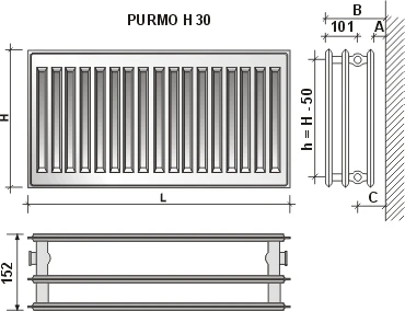 Radiatorius PURMO H 30, 500-800, pajungimas šone