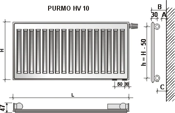 Radiatorius PURMO HV 10, 500-1600, pajungimas apačioje