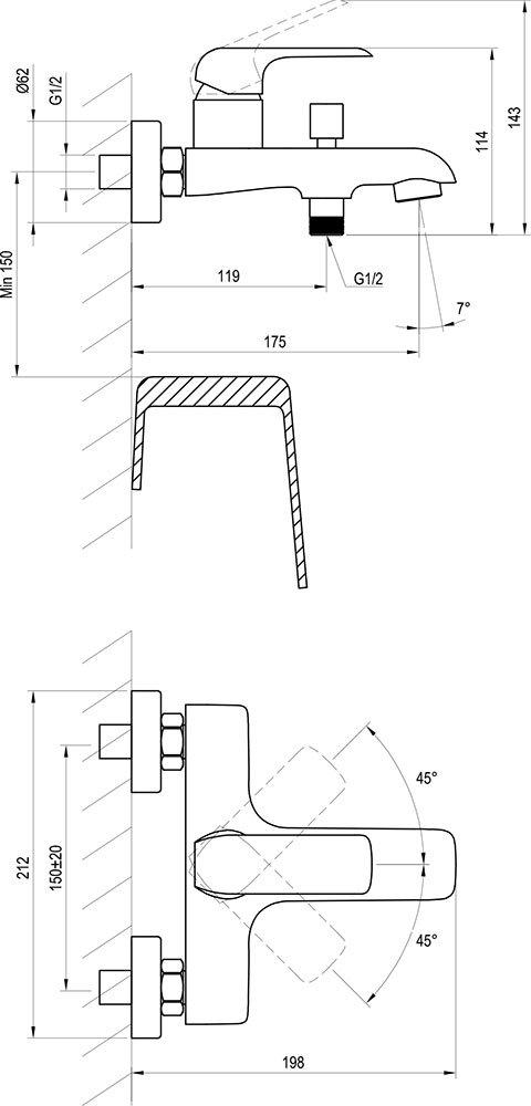 Sieninis maišytuvas Ravak Flat, vonios/dušo FL 022.20/150 juoda