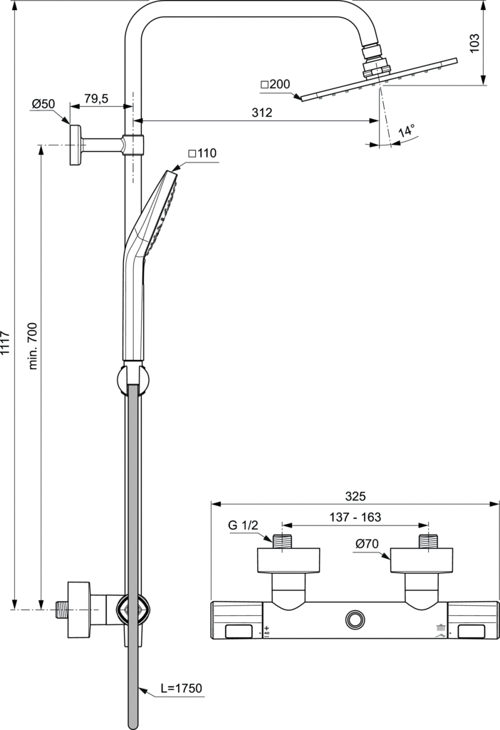 Stacionari dušo sistema Ideal Standard Ceratherm T100, Evo Diamond 200x200 mm galva ir rankiniu dušu, chrom