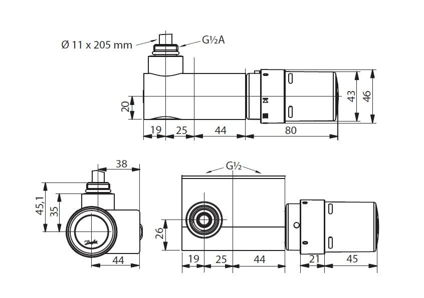 Termostatinis elementas Danfoss VHX, RTX Mono kampinis, baltas