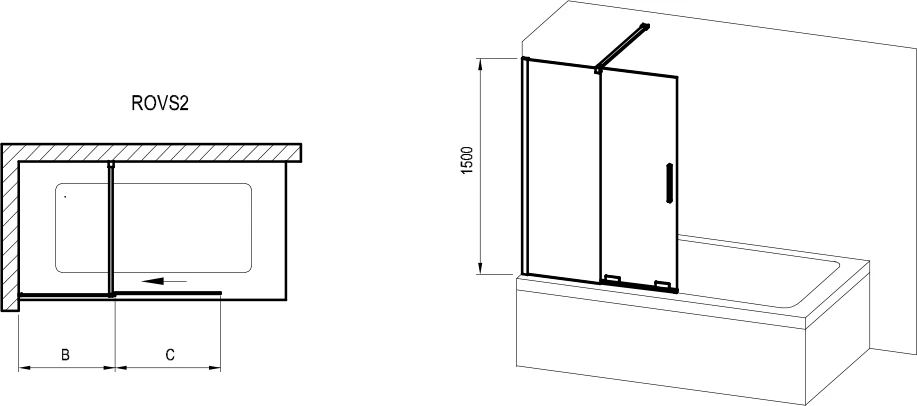 Vonios sienelė Ravak Roll, ROVS2 100, blizgi+stiklas Transparent