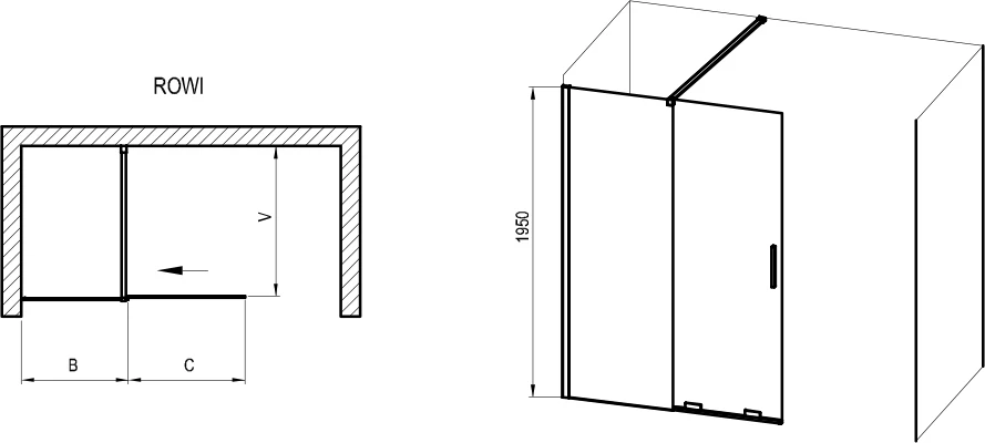 Walk-In dušo kabina Ravak Roll, ROWI 120, juodas+stiklas Transparent
