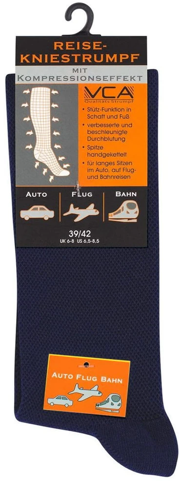 VCA Textil® tamsiai mėlynos kompresinės kelioninės kojinės iki kelių su atrama