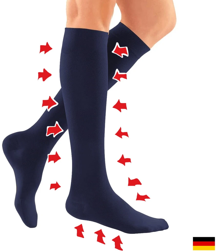 VCA Textil® tamsiai mėlynos kompresinės kelioninės kojinės iki kelių su atrama