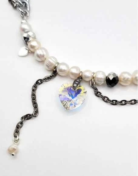 Handmade Rankų darbo kaklo vėrinys su tikru gėlavandeniu perlu ir Swarovski kristalu