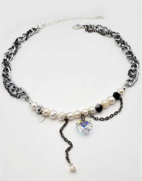 Handmade Rankų darbo kaklo vėrinys su tikru gėlavandeniu perlu ir Swarovski kristalu