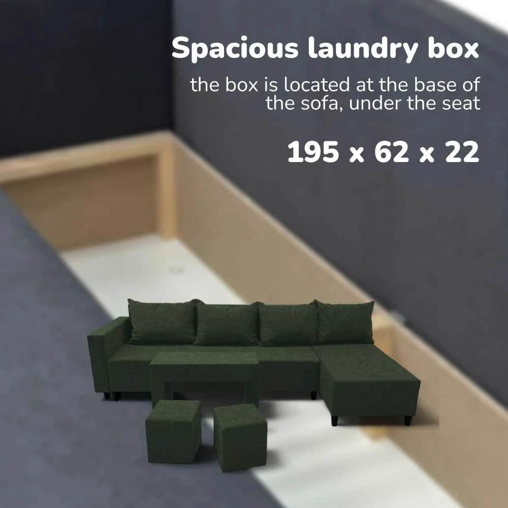 Meb Podrez Didelis kampinis sofos komplektas su staliuku ir pufais Simple XL St Combo, Turkiu žalia