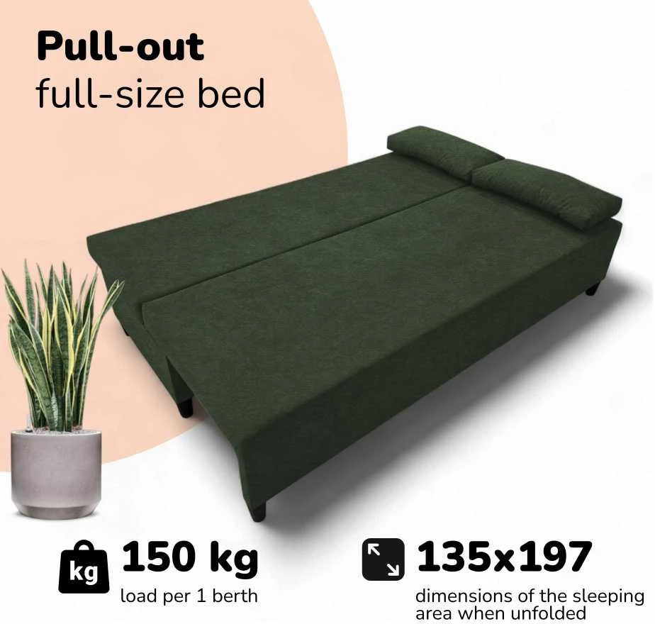 Meb Podrez Dvivietis išskleidžiamas sofa Simple X Light, be porankių, Podrez,, turkio žalia