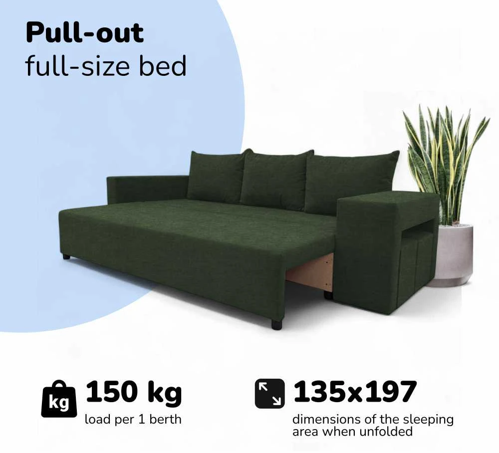 Meb Podrez Dvivietis išskleidžiamas sofa su staliuku ir pufais „Simple Combo“, „Podrez“, turkio-žalia