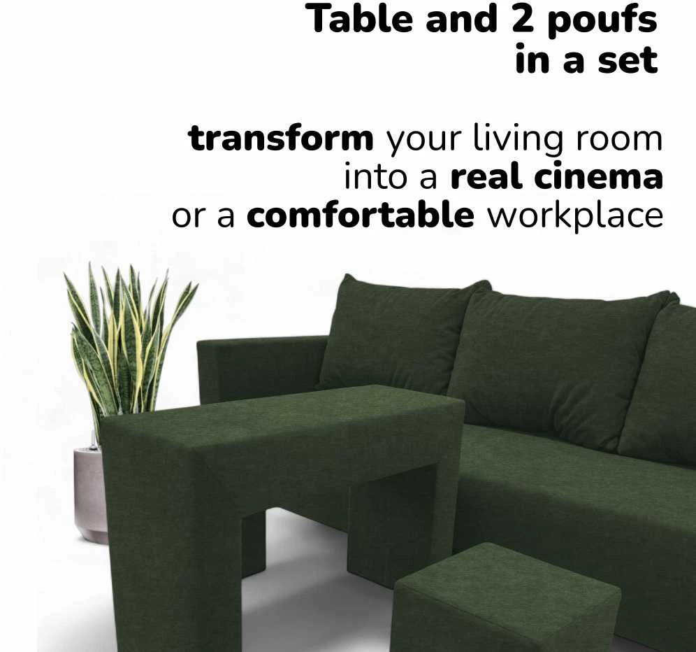 Meb Podrez Dvivietis išskleidžiamas sofa su staliuku ir pufais „Simple Combo“, „Podrez“, turkio-žalia