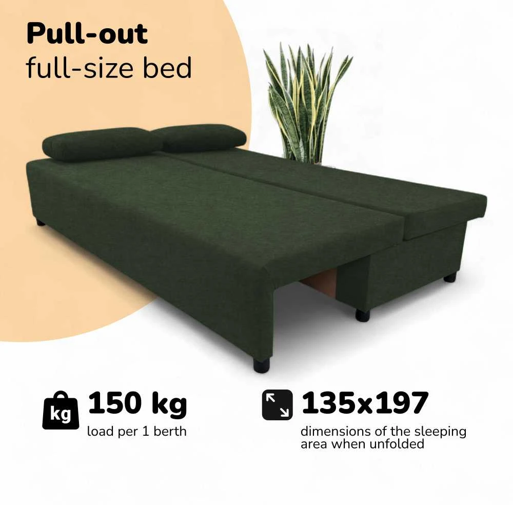 Meb Podrez Dvivietis išskleidžiamas sofa „Simple Light“ be porankių, „Podrez“, turkio žalia