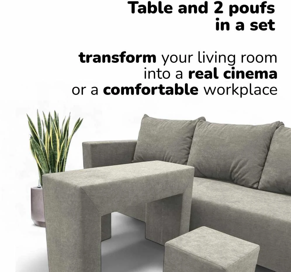 Meb Podrez Dvivietis išskleidžiamas sofa su staliuku ir pufais Simple X Combo,, Podrez,, šviesiai pilka