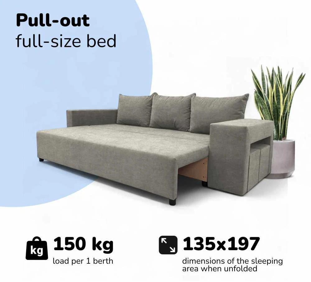 Meb Podrez Dvivietis išskleidžiamas sofa su staliuku ir pufais „Simple Combo“, „Podrez“, šviesiai pilka