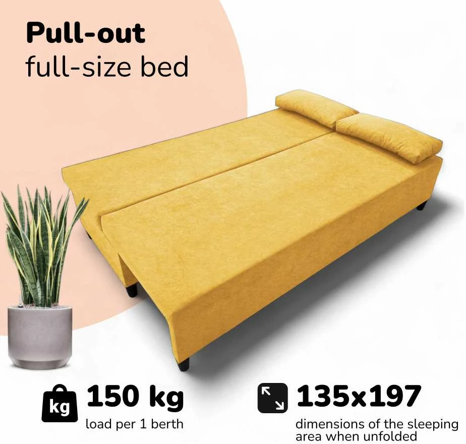 Meb Podrez Dvivietė sofa lova Simple X Light, be porankių, Podrez,, geltonos spalvos