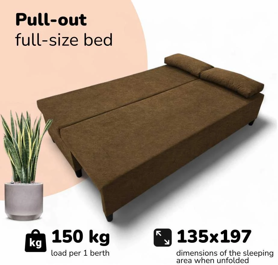 Meb Podrez Dvivietė sofa lova Simple X Light, be porankių, Podrez,, rudos spalvos