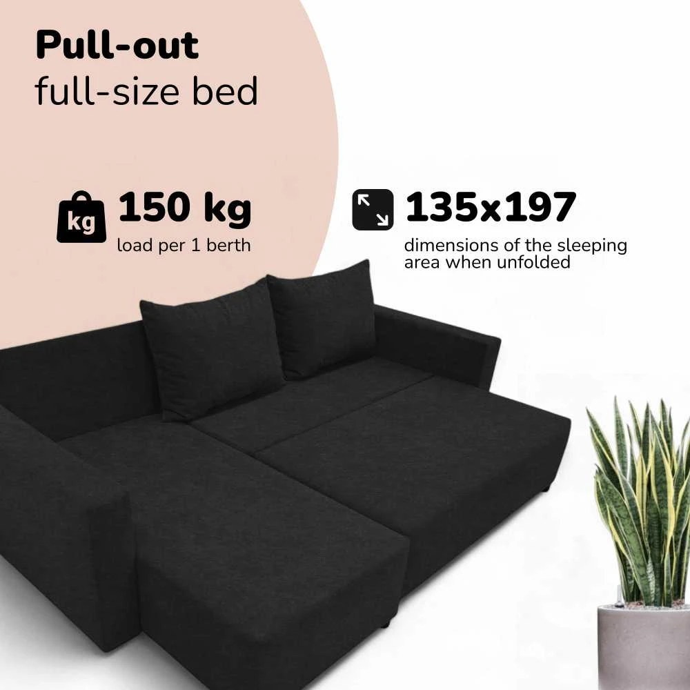Meb Podrez Kampinė išskleidžiama sofa lova su patalynės dėže „Simple Sturis“, „Podrez“, grafito spalvos