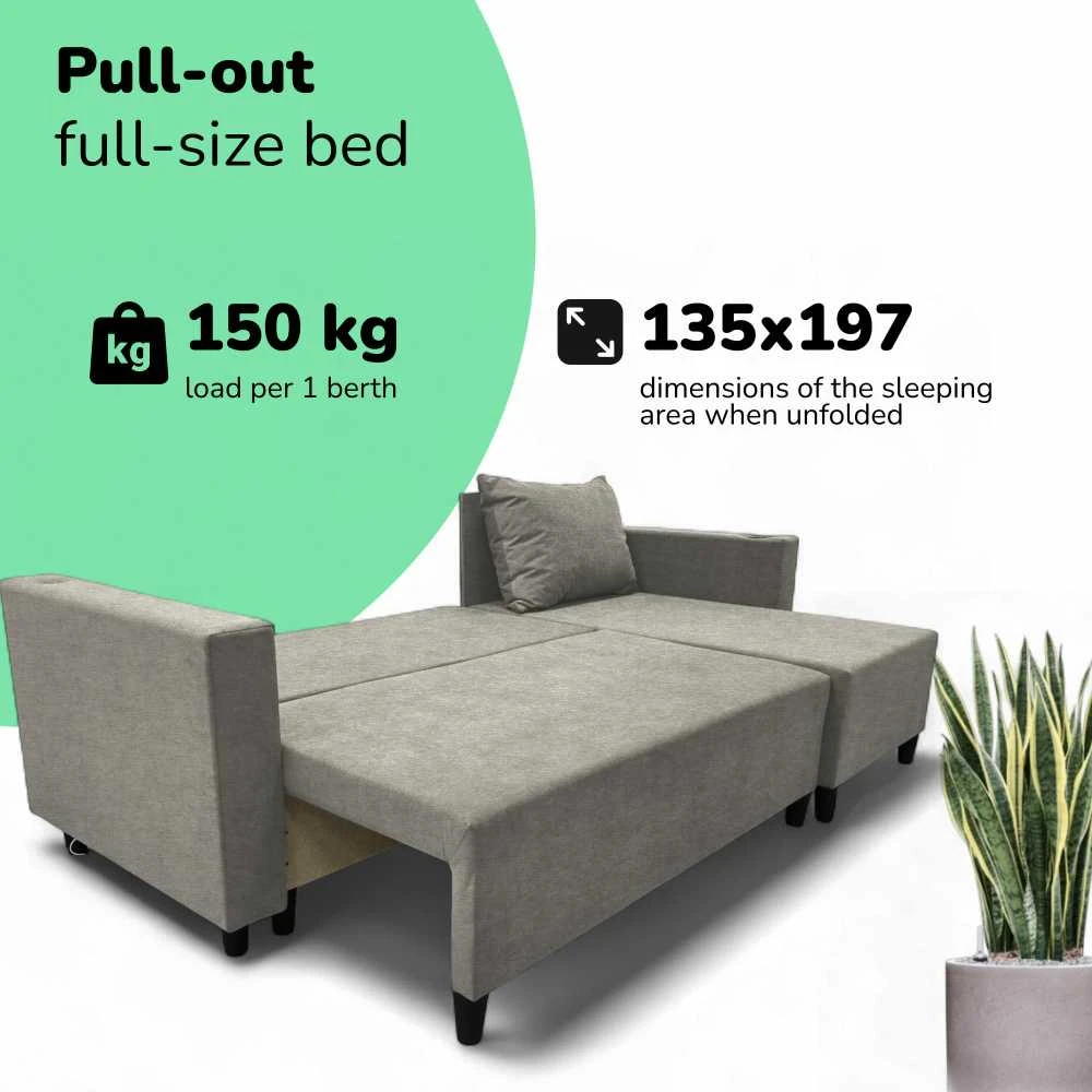 Meb Podrez Kampinė išskleidžiama sofa lova su patalynės dėže Simple X Sturis,, Podrez,, šviesiai pilkos spalvos