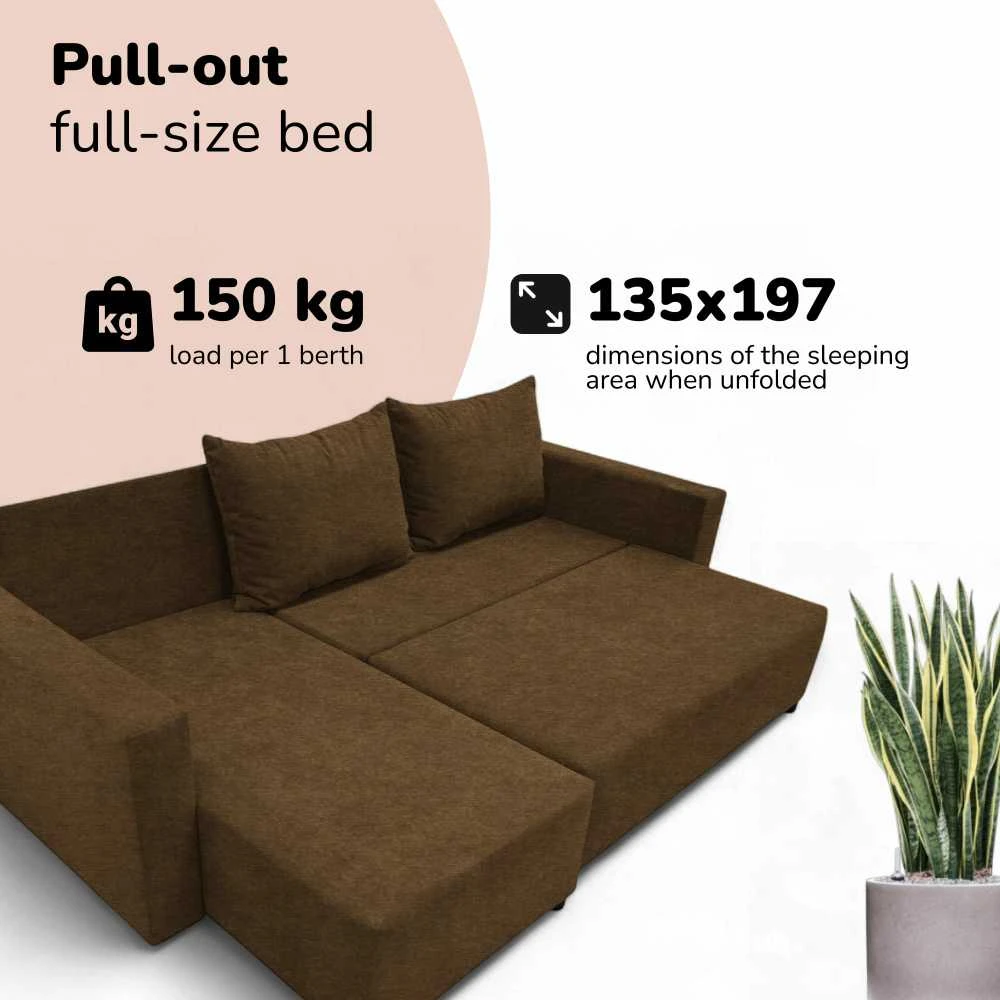 Meb Podrez Kampinė išskleidžiama sofa lova su patalynės dėže „Simple Sturis“, „Podrez“, rudos spalvos