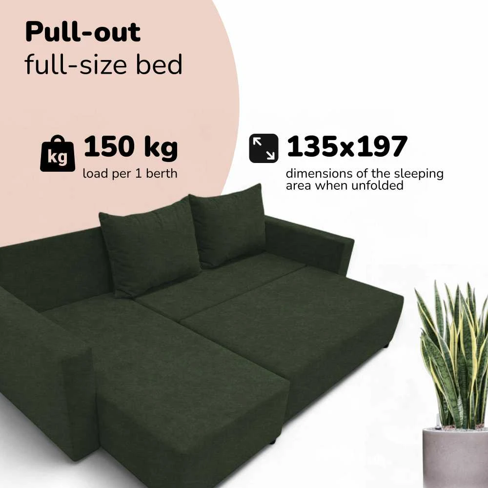 Meb Podrez Kampinė išskleidžiama sofa lova su patalynės dėže „Simple Sturis“, „Podrez“, turkio-žalios spalvos