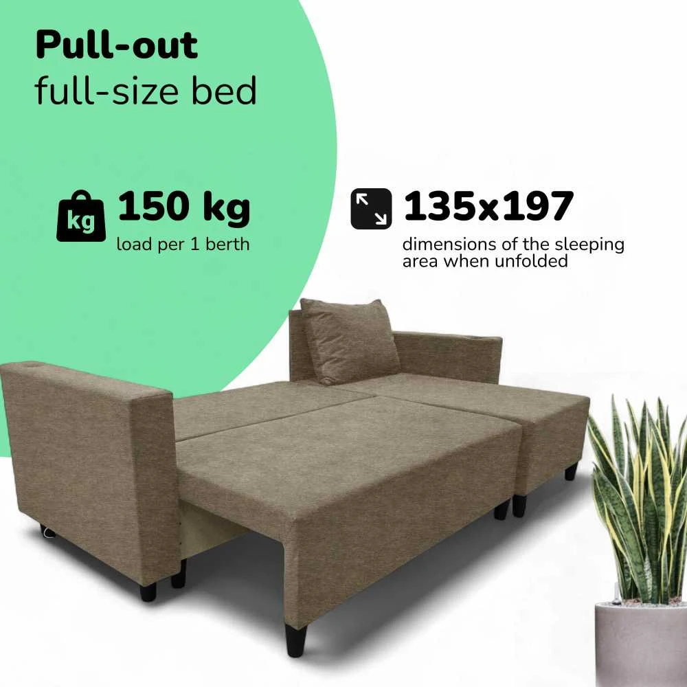 Meb Podrez Kampinė išskleidžiama sofa lova su patalynės dėže Simple X Sturis,, Podrez,, smėlio spalvos