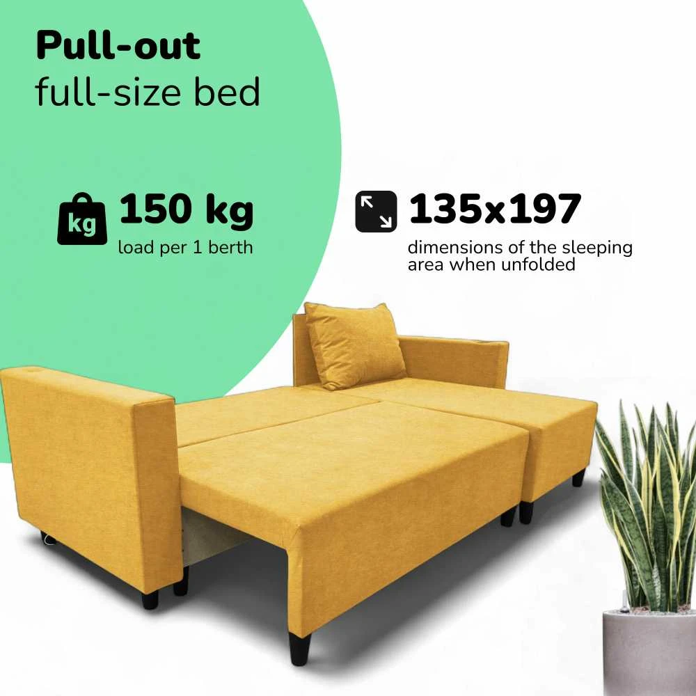 Meb Podrez Kampinė išskleidžiama sofa lova su patalynės dėže Simple X Sturis,, Podrez,, geltonos spalvos