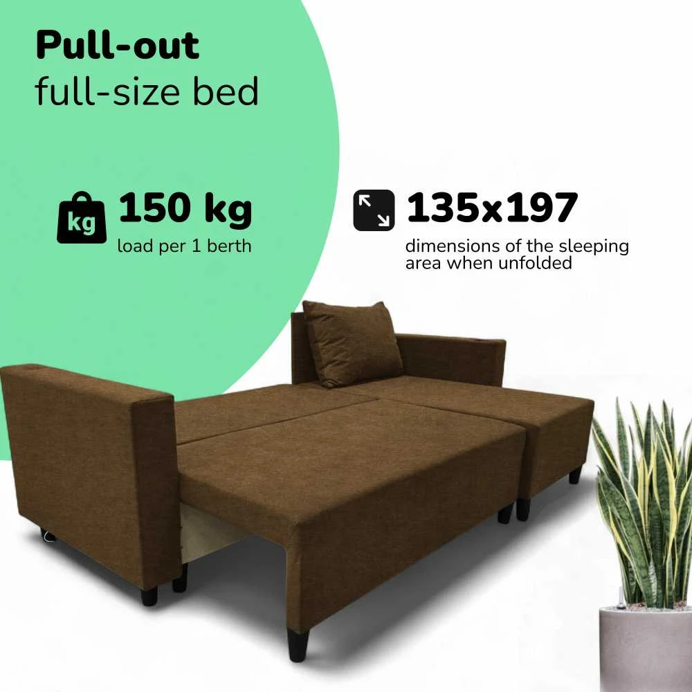 Meb Podrez Kampinė išskleidžiama sofa lova su patalynės dėže Simple X Sturis,, Podrez,, rudos spalvos