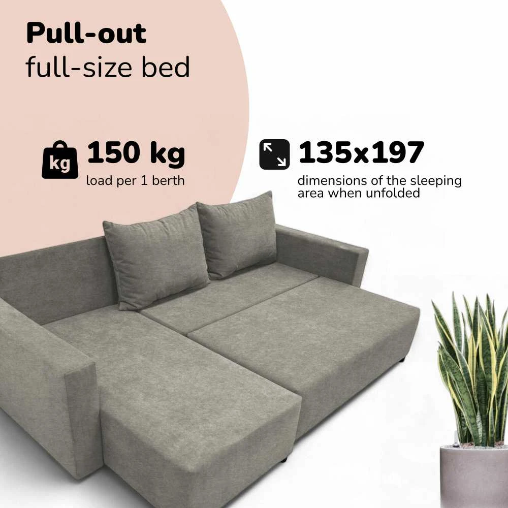 Meb Podrez Kampinė išskleidžiama sofa lova su patalynės dėže „Simple Sturis“, „Podrez“, šviesiai pilkos spalvos