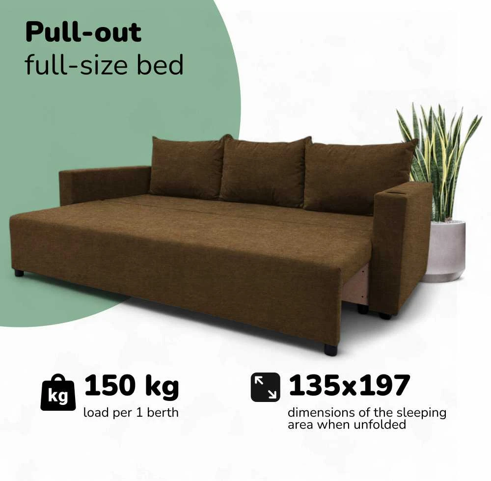 Meb Podrez Klasikinė sofa-lova „Simple Line“ su patalynės dėže, „Podrez“, rudos spalvos