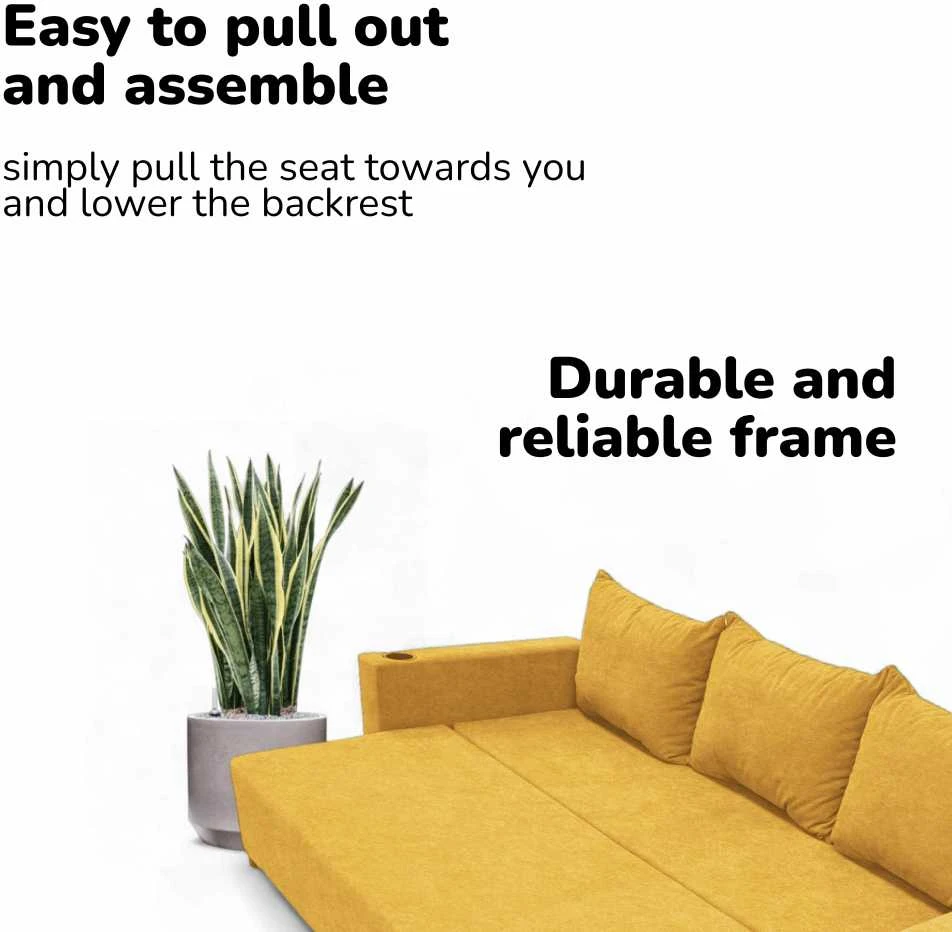 Meb Podrez Klasikinė sofa-lova „Simple Line“ su patalynės dėže, „Podrez“, geltonos spalvos