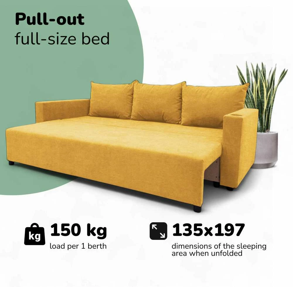 Meb Podrez Klasikinė sofa-lova „Simple Line“ su patalynės dėže, „Podrez“, geltonos spalvos