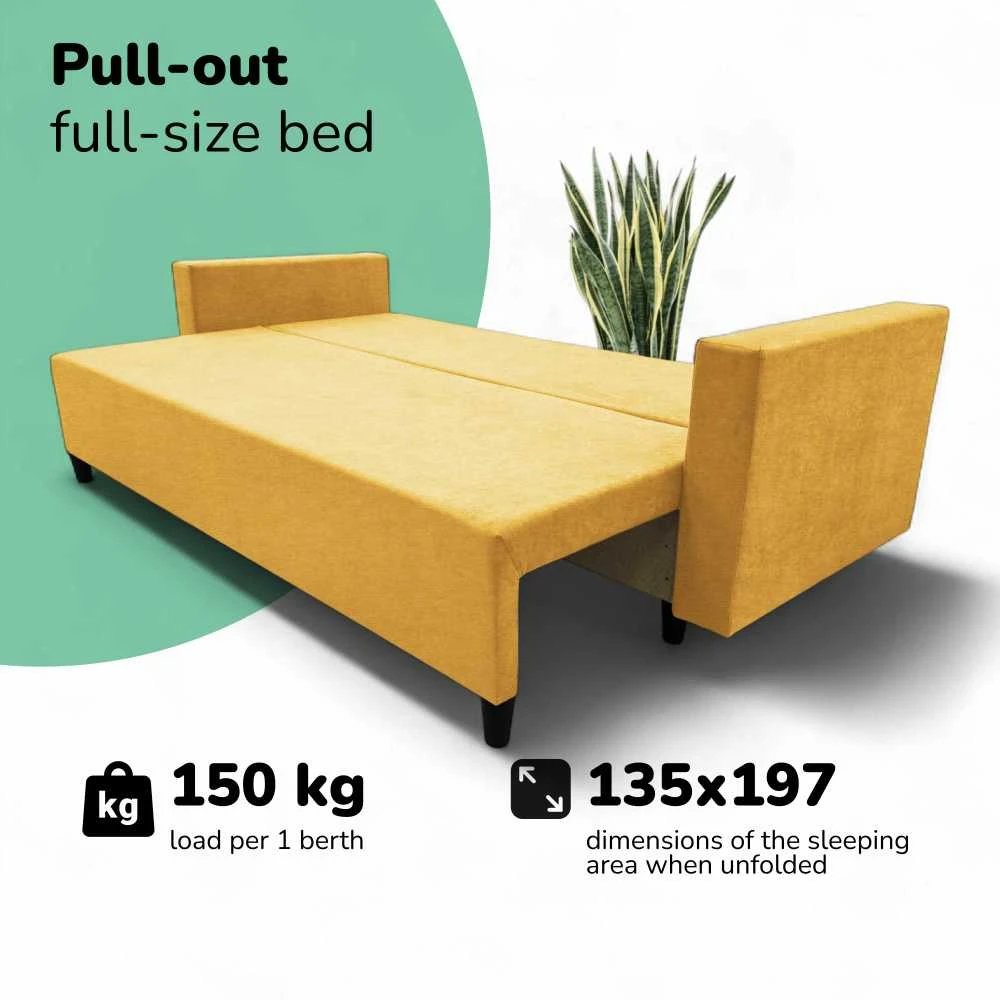 Meb Podrez Klasikinė sofa-lova Simple X Line, su patalynės dėže, Podrez,, geltonos spalvos