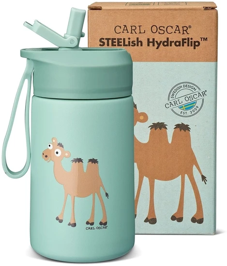 CARL OSCAR - Nerūdijančio plieno gertuvė su atlenkiamu šiaudeliu, 400ml, Žalias camel