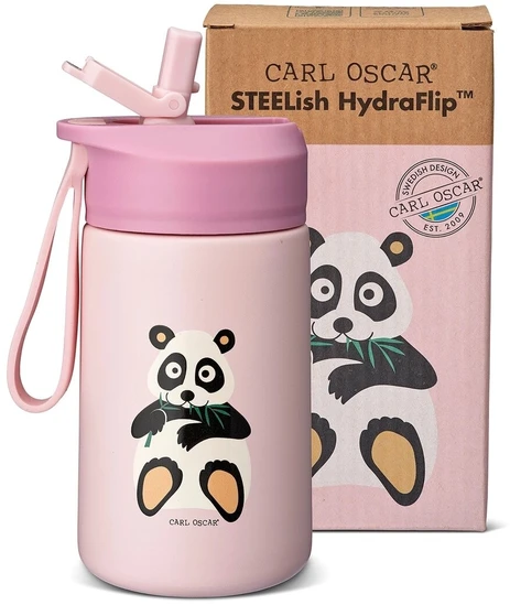 CARL OSCAR - Nerūdijančio plieno gertuvė su atlenkiamu šiaudeliu, 400ml, Rožinė panda