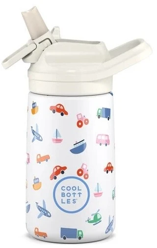 Cool Bottles - Nerūdijančio plieno vaikiškas buteliukas su atlenkiamu šiaudeliu, 350ml (Little wheels)