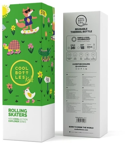 Cool Bottles - Nerūdijančio plieno vaikiškas buteliukas su šiaudeliu arba užsukimu, 500ml (Rolling skaters)