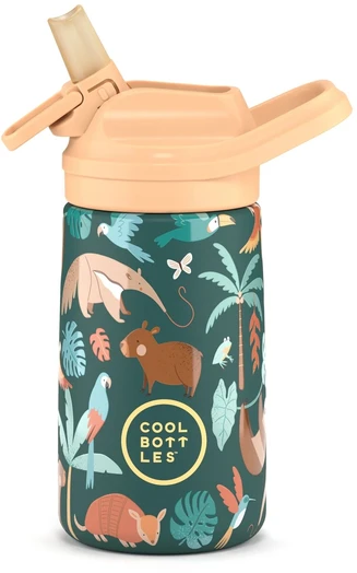 Cool Bottles - Nerūdijančio plieno vaikiškas buteliukas su atlenkiamu šiaudeliu, 350ml (Rainforest Refuge)