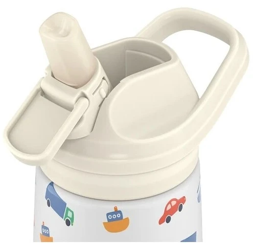 Cool Bottles - Nerūdijančio plieno vaikiškas buteliukas su atlenkiamu šiaudeliu, 350ml (Little wheels)