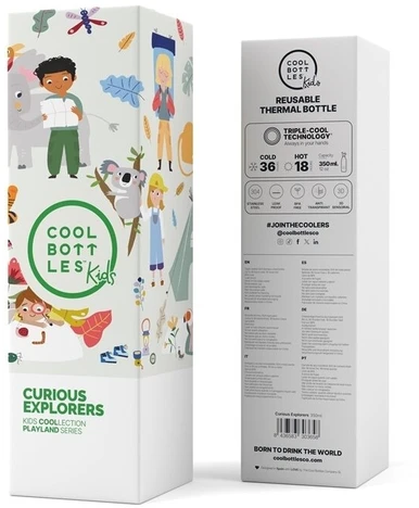 Cool Bottles - Nerūdijančio plieno vaikiškas buteliukas su šiaudeliu arba užsukimu, 350ml (Curious explorers)