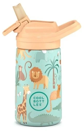 Cool Bottles - Nerūdijančio plieno vaikiškas buteliukas su atlenkiamu šiaudeliu, 350ml (Wild crew)