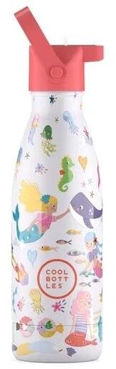 Cool Bottles - Nerūdijančio plieno vaikiškas buteliukas su šiaudeliu arba užsukimu, 350ml (Sweet mermaids)