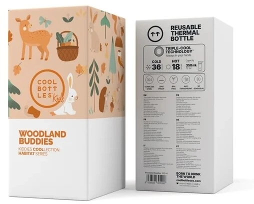 Cool Bottles - Nerūdijančio plieno vaikiškas buteliukas su atlenkiamu šiaudeliu, 350ml (Woodland buddies)