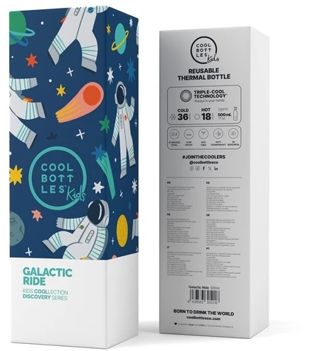 Cool Bottles - Nerūdijančio plieno vaikiškas buteliukas su šiaudeliu arba užsukimu, 500ml (Galactic ride)